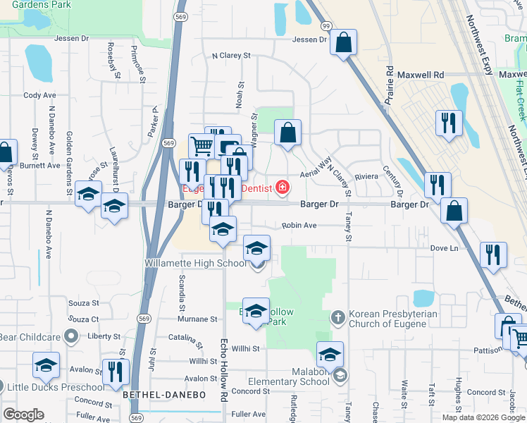 map of restaurants, bars, coffee shops, grocery stores, and more near 4104 Robin Avenue in Eugene
