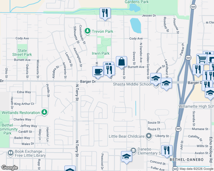 map of restaurants, bars, coffee shops, grocery stores, and more near 1958 Laveta Lane in Eugene