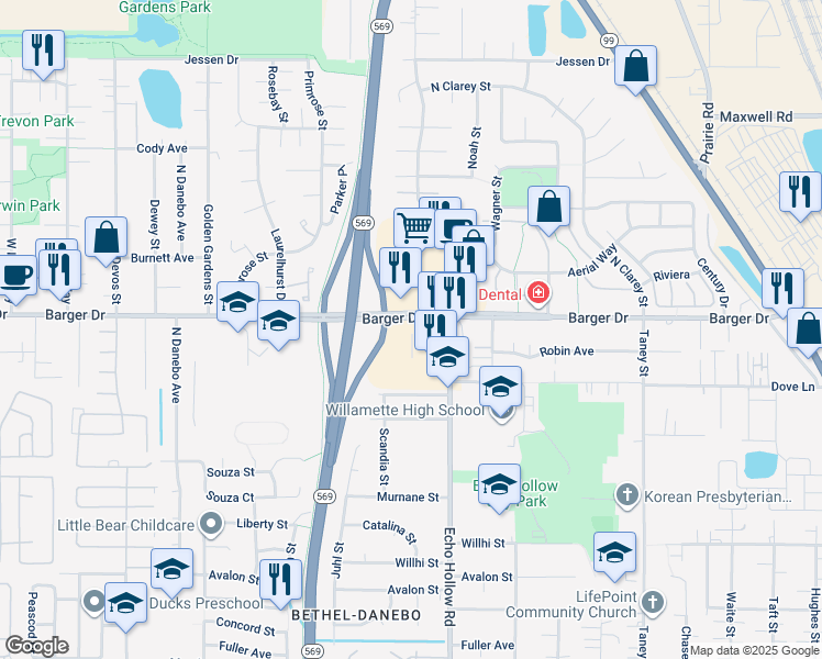 map of restaurants, bars, coffee shops, grocery stores, and more near 1990 Echo Hollow Road in Eugene
