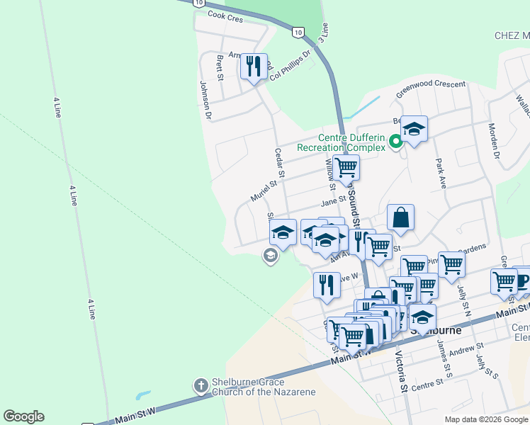 map of restaurants, bars, coffee shops, grocery stores, and more near 112 Silk Drive in Shelburne