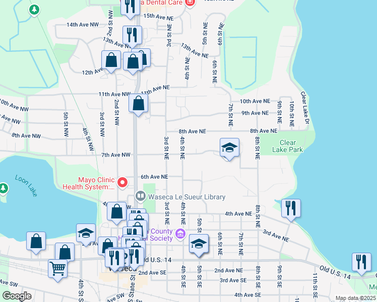 map of restaurants, bars, coffee shops, grocery stores, and more near 400 7th Avenue Northeast in Waseca
