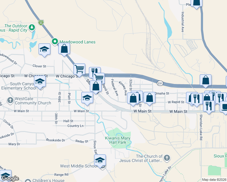 map of restaurants, bars, coffee shops, grocery stores, and more near 3337 West Rapid Street in Rapid City