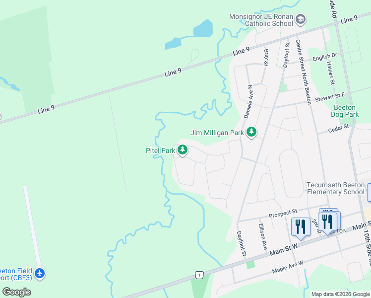 map of restaurants, bars, coffee shops, grocery stores, and more near 63 Strachan Trail in New Tecumseth