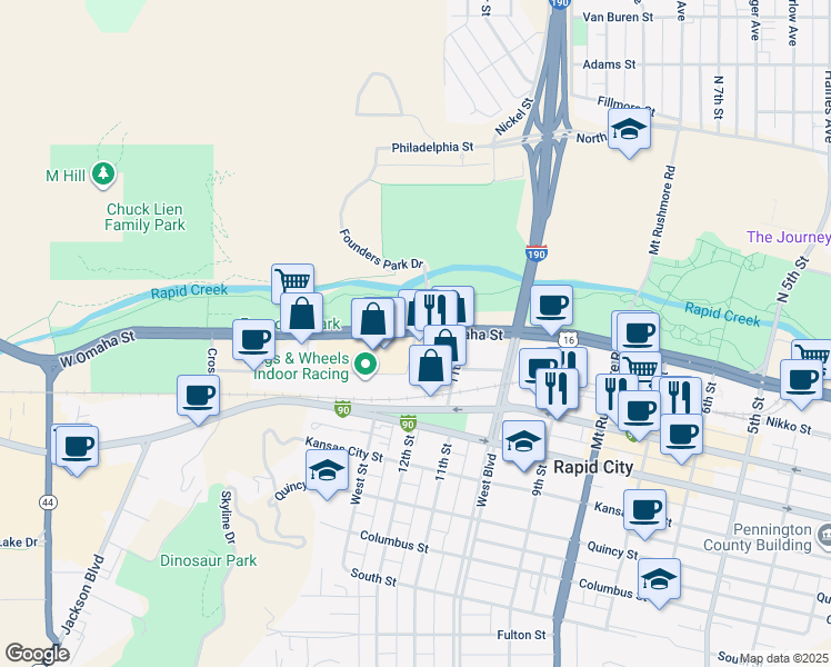 map of restaurants, bars, coffee shops, grocery stores, and more near 1195 West Omaha Street in Rapid City