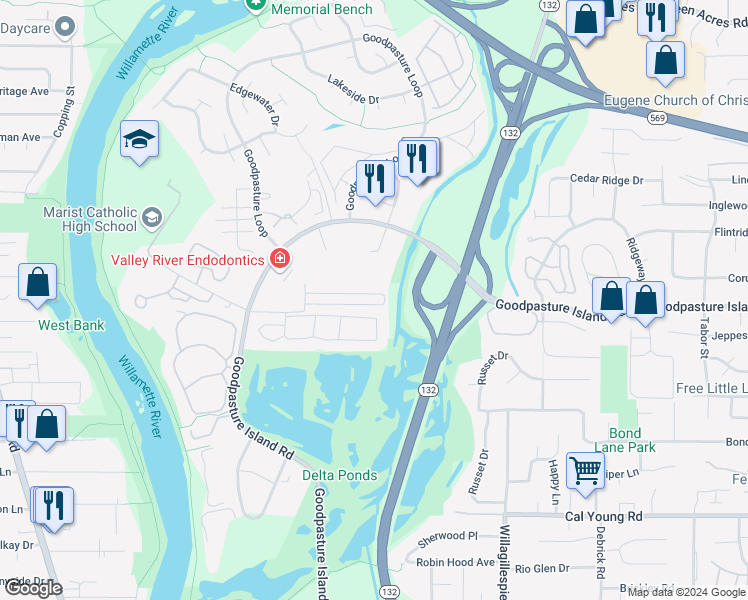 map of restaurants, bars, coffee shops, grocery stores, and more near 1014 North Pond Road in Eugene