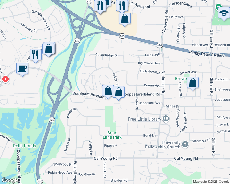 map of restaurants, bars, coffee shops, grocery stores, and more near 1920 Ridgeway Drive in Eugene