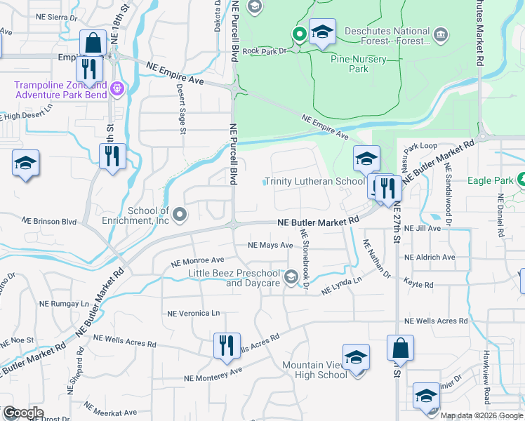 map of restaurants, bars, coffee shops, grocery stores, and more near 3291 Northeast Stonebrook Drive in Bend