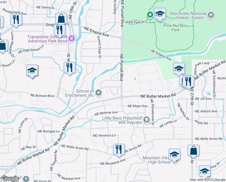 map of restaurants, bars, coffee shops, grocery stores, and more near 1986 Northeast Purser Lane in Bend