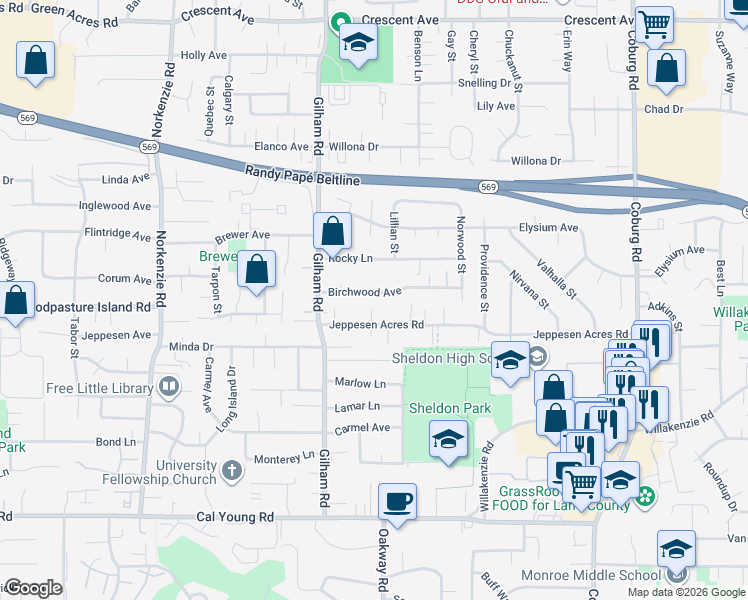 map of restaurants, bars, coffee shops, grocery stores, and more near 2145 Birchwood Avenue in Eugene