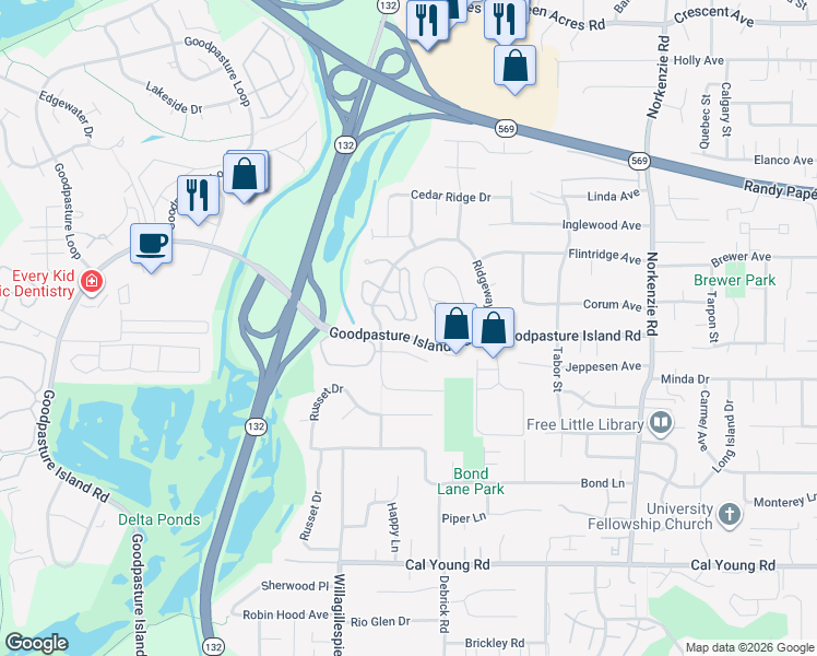map of restaurants, bars, coffee shops, grocery stores, and more near 2235 Ridgeway Drive in Eugene