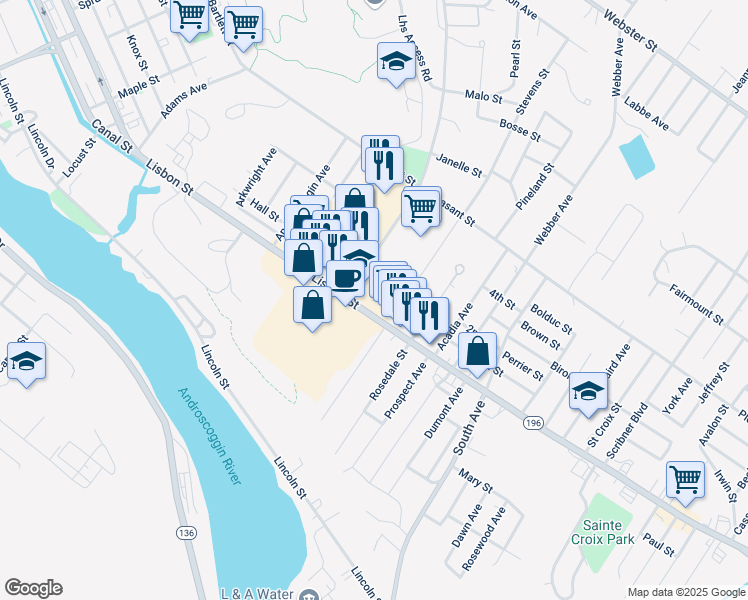 map of restaurants, bars, coffee shops, grocery stores, and more near 27 Marston Street in Lewiston