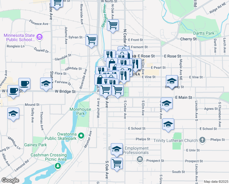 map of restaurants, bars, coffee shops, grocery stores, and more near 146 West Broadway Street in Owatonna