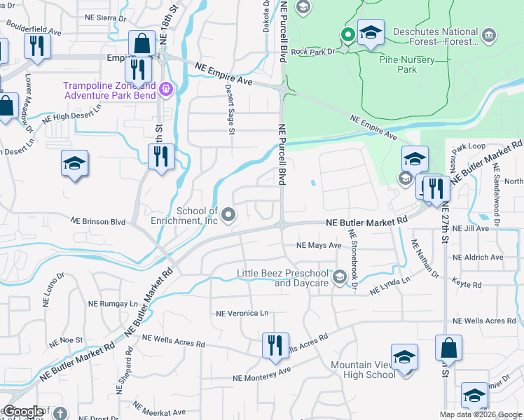 map of restaurants, bars, coffee shops, grocery stores, and more near 1986 Northeast Purser Lane in Bend
