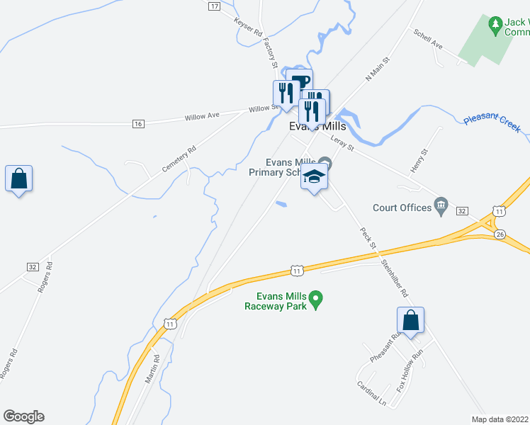 map of restaurants, bars, coffee shops, grocery stores, and more near 8366 South Main Street in Evans Mills