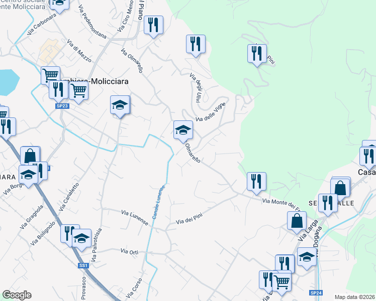 map of restaurants, bars, coffee shops, grocery stores, and more near 40 Via Olmarello in Colombiera-molicciara