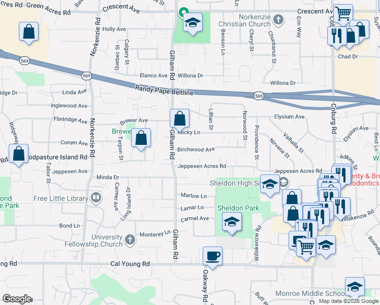 map of restaurants, bars, coffee shops, grocery stores, and more near 2146 Birchwood Avenue in Eugene