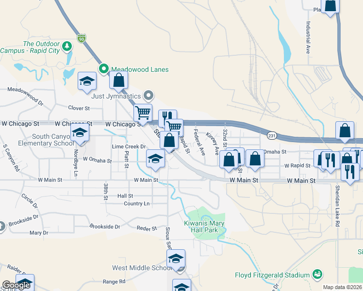 map of restaurants, bars, coffee shops, grocery stores, and more near 3464 Sturgis Road in Rapid City
