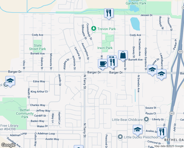 map of restaurants, bars, coffee shops, grocery stores, and more near 5160 Barger Drive in Eugene