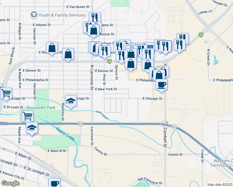map of restaurants, bars, coffee shops, grocery stores, and more near 700-898 East New York Street in Rapid City