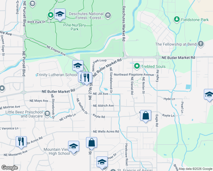 map of restaurants, bars, coffee shops, grocery stores, and more near 3384 Northeast Marys Grace Lane in Bend