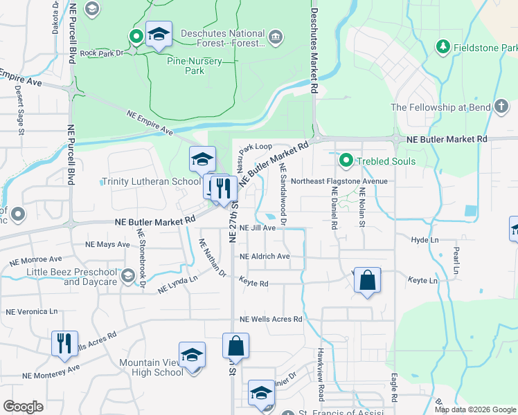 map of restaurants, bars, coffee shops, grocery stores, and more near 3384 Northeast Marys Grace Lane in Bend