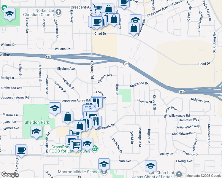 map of restaurants, bars, coffee shops, grocery stores, and more near 1920 Best Lane in Eugene