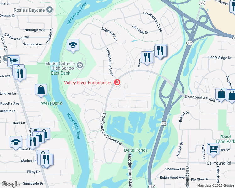 map of restaurants, bars, coffee shops, grocery stores, and more near 799 Pond Lane in Eugene