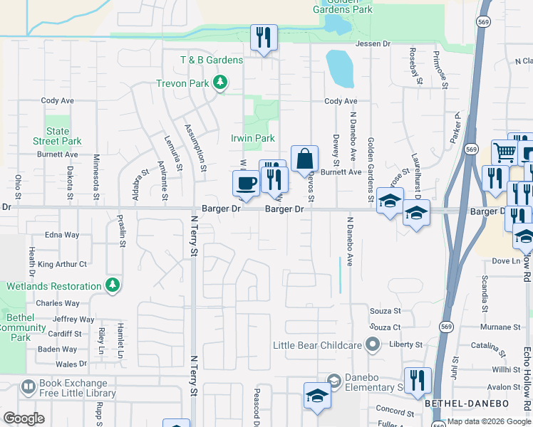 map of restaurants, bars, coffee shops, grocery stores, and more near 4965 Barger Drive in Eugene