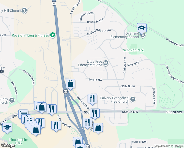 map of restaurants, bars, coffee shops, grocery stores, and more near 2711 60th Street Northwest in Rochester