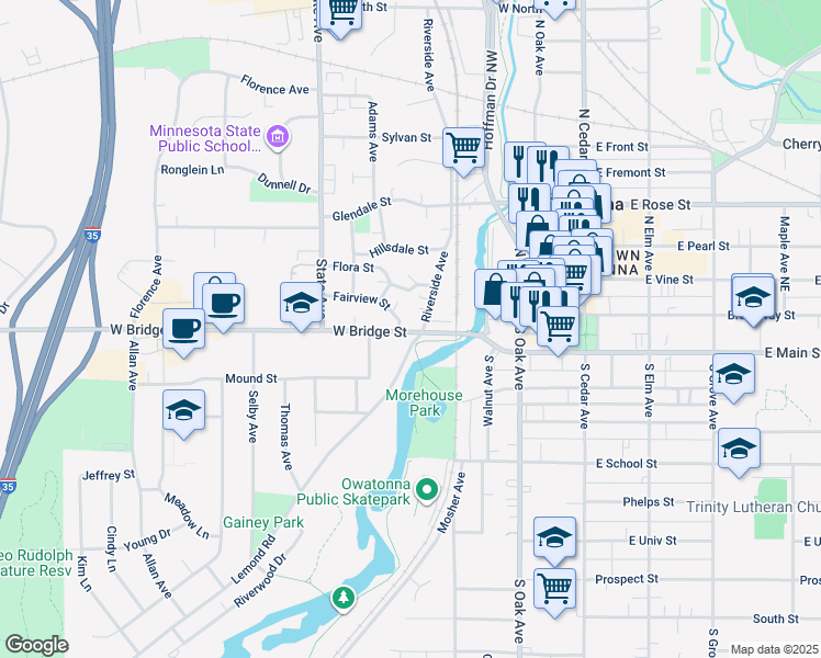 map of restaurants, bars, coffee shops, grocery stores, and more near 122 Riverside Avenue in Owatonna