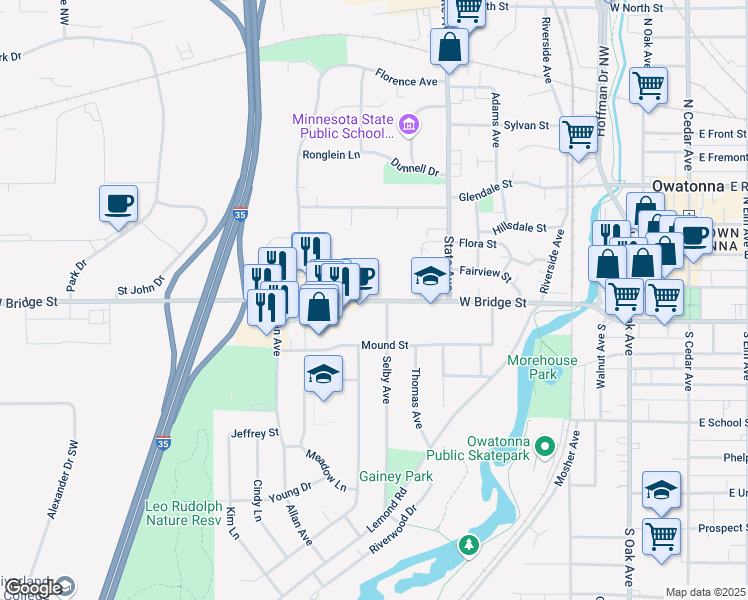 map of restaurants, bars, coffee shops, grocery stores, and more near 616 W Bridge St in Owatonna