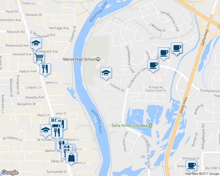 map of restaurants, bars, coffee shops, grocery stores, and more near 1855 Riverwood Drive in Eugene