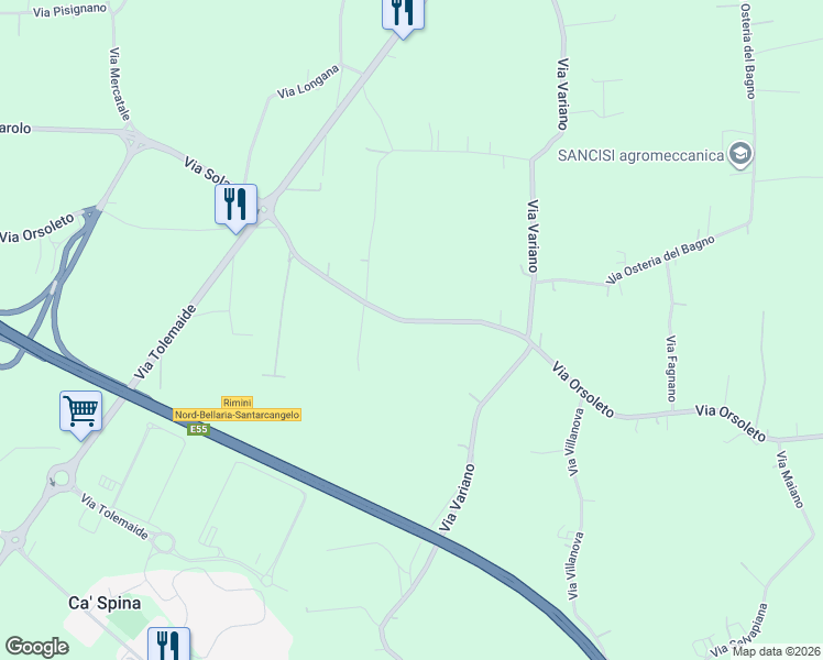 map of restaurants, bars, coffee shops, grocery stores, and more near 198 Via Orsoleto in Rimini