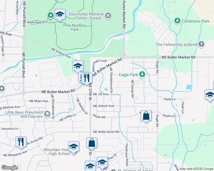 map of restaurants, bars, coffee shops, grocery stores, and more near 3384 Northeast Marys Grace Lane in Bend