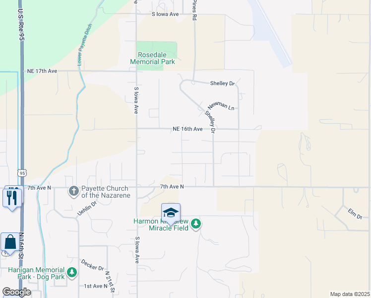 map of restaurants, bars, coffee shops, grocery stores, and more near 2553 Runway Court in Payette