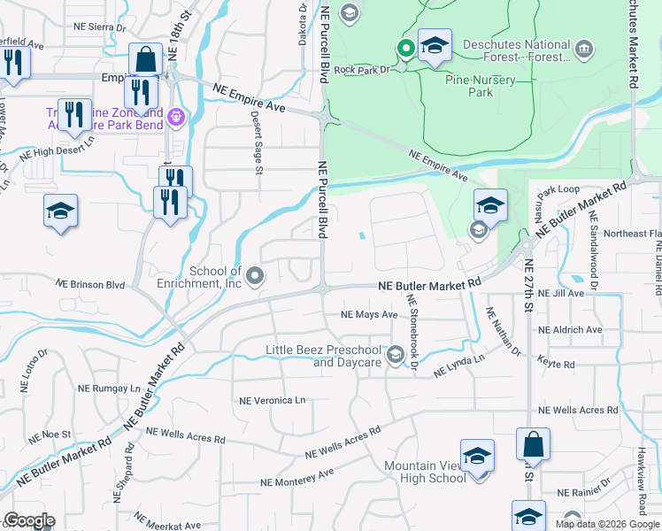 map of restaurants, bars, coffee shops, grocery stores, and more near 2156 Northeast Castle Avenue in Bend