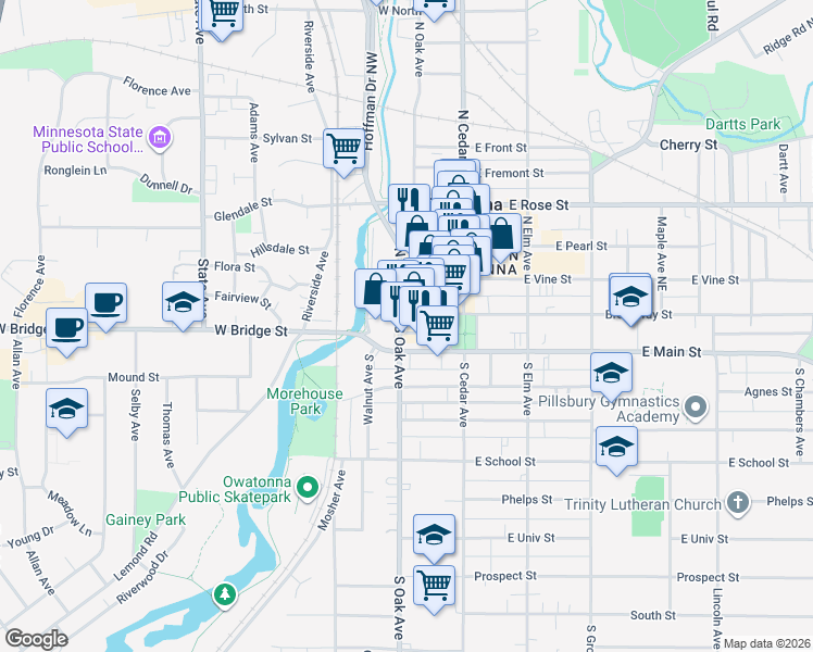 map of restaurants, bars, coffee shops, grocery stores, and more near 146 West Broadway Street in Owatonna