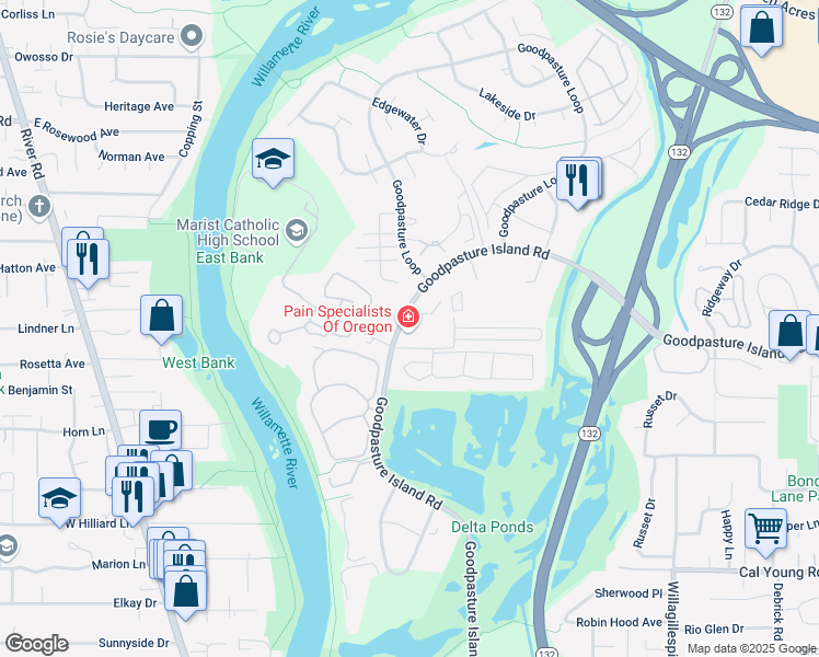 map of restaurants, bars, coffee shops, grocery stores, and more near 1755 Kingsley Road in Eugene