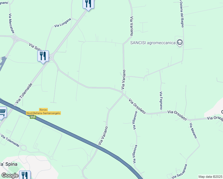 map of restaurants, bars, coffee shops, grocery stores, and more near 188 Via Orsoleto in Provincia di Rimini