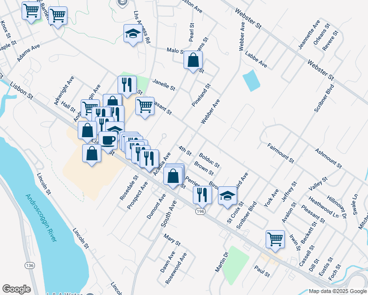 map of restaurants, bars, coffee shops, grocery stores, and more near 220 Webber Avenue in Lewiston