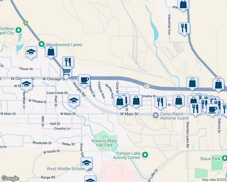 map of restaurants, bars, coffee shops, grocery stores, and more near 214 Kinney Avenue in Rapid City