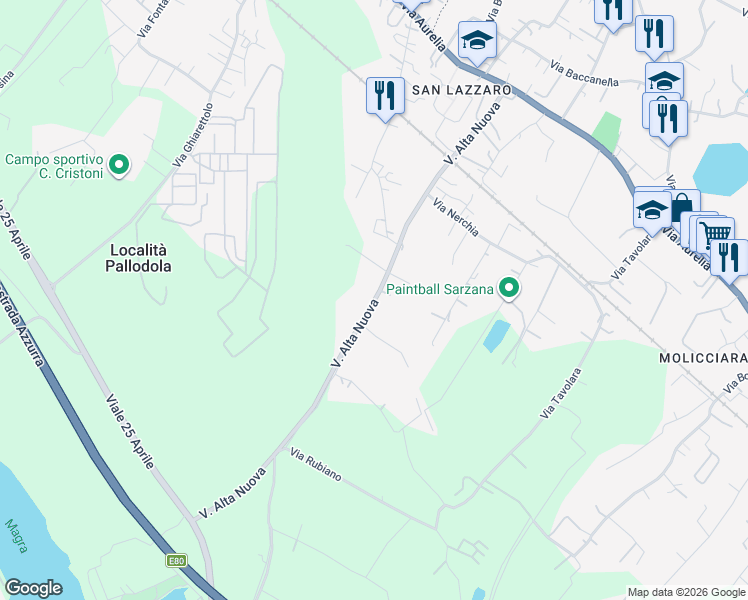 map of restaurants, bars, coffee shops, grocery stores, and more near 62 Via Alta Nuova in Sarzana