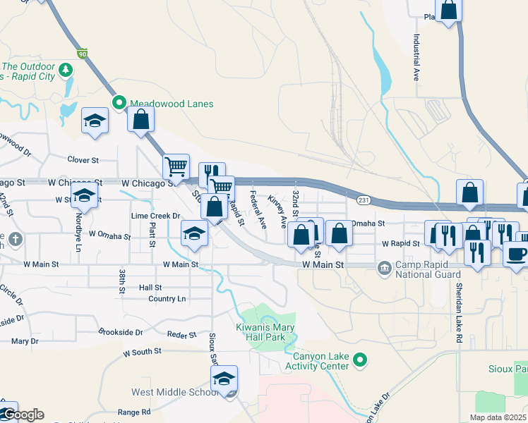 map of restaurants, bars, coffee shops, grocery stores, and more near 214 Kinney Avenue in Rapid City