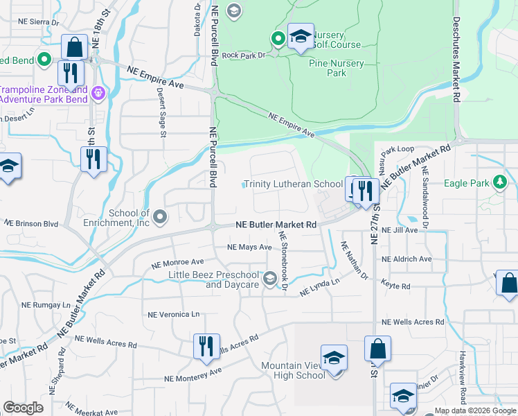map of restaurants, bars, coffee shops, grocery stores, and more near 2251 Northeast Lakeridge Drive in Bend