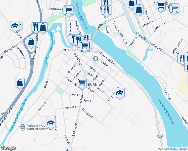map of restaurants, bars, coffee shops, grocery stores, and more near 74 4th Street in Auburn