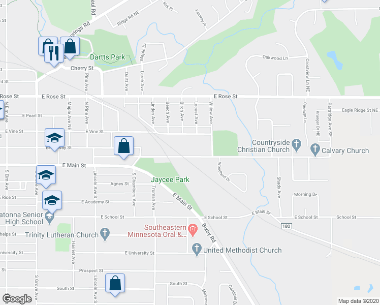 map of restaurants, bars, coffee shops, grocery stores, and more near 909 East Vine Street in Owatonna