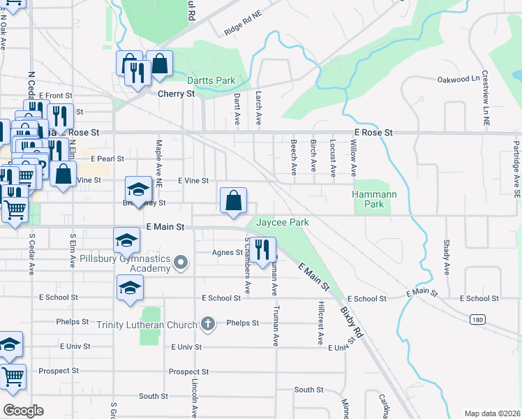 map of restaurants, bars, coffee shops, grocery stores, and more near 614 East Rice Lake Road in Owatonna