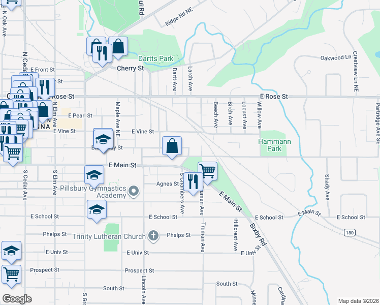 map of restaurants, bars, coffee shops, grocery stores, and more near 614 East Rice Lake Road in Owatonna
