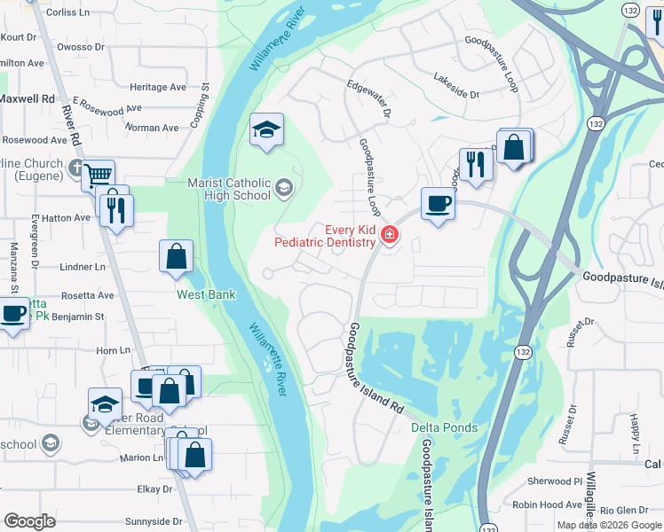 map of restaurants, bars, coffee shops, grocery stores, and more near 1861 Kingsley Road in Eugene