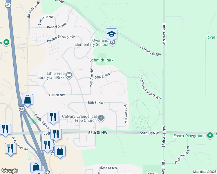 map of restaurants, bars, coffee shops, grocery stores, and more near 2481 Crimson Ridge Circle Northwest in Rochester